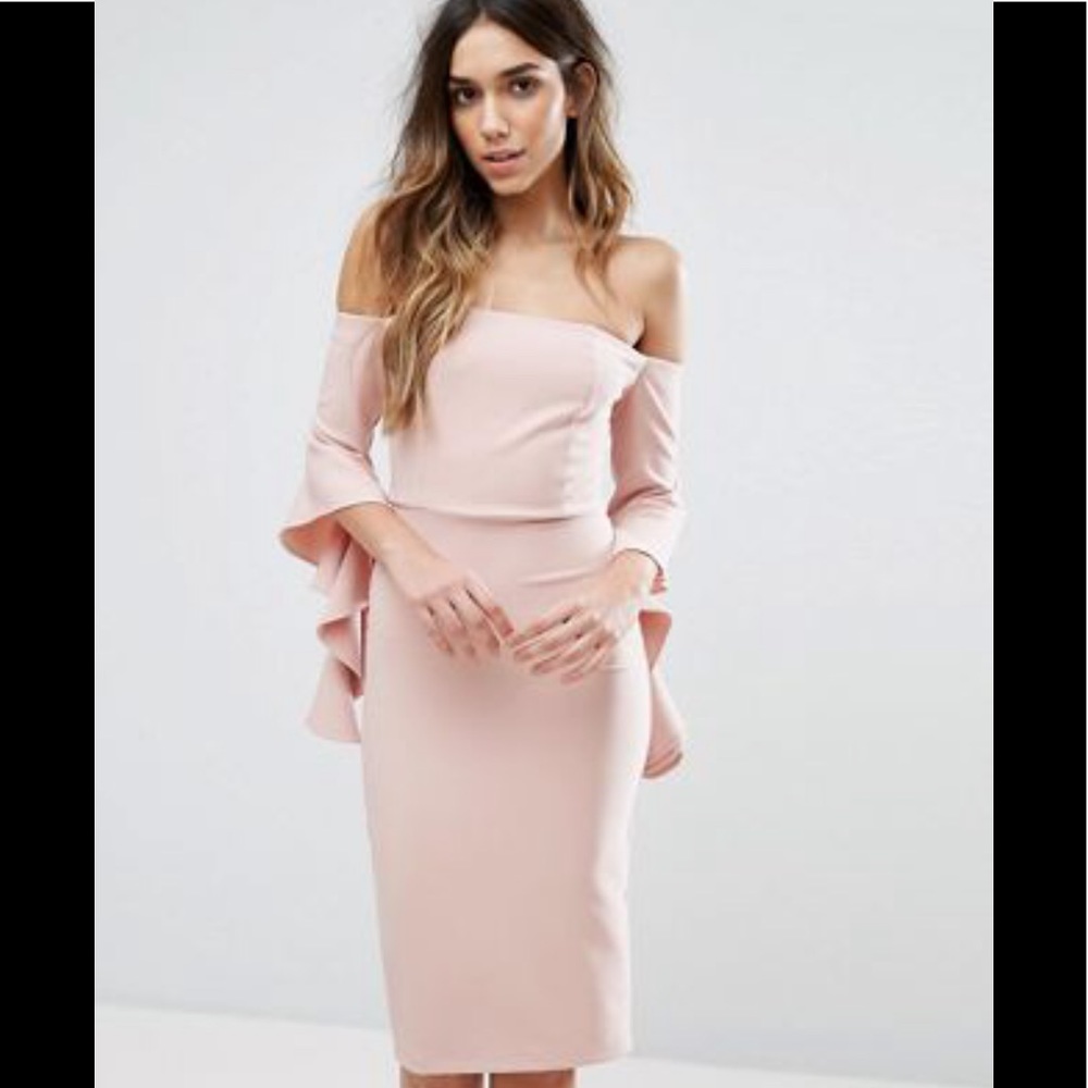 River island blush off shoulder ruffle dress 6